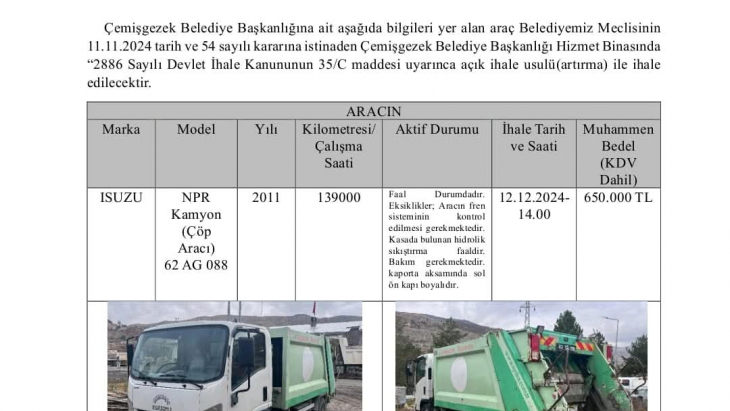 Çemişgezek Belediyesi Araç İhalesi